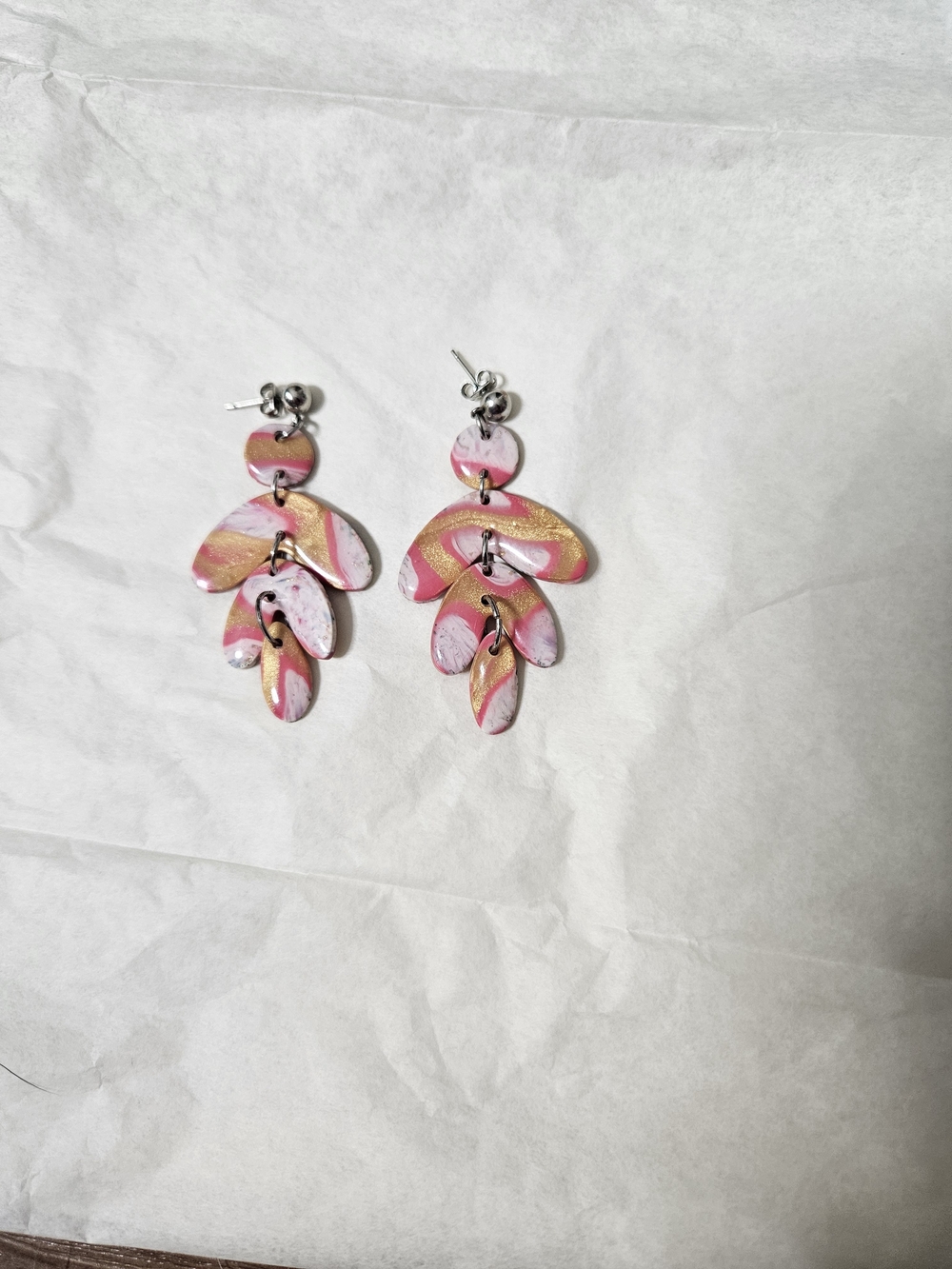 Handmade Pink Gold Leaf Drop Polymer Clay Earrings